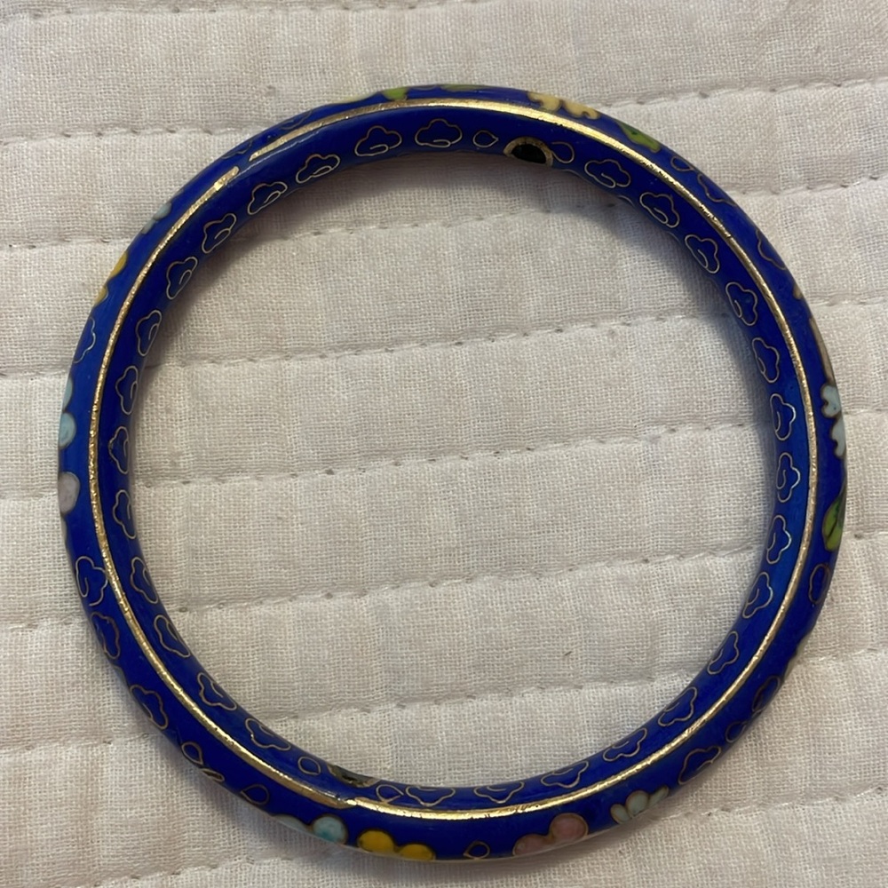 Vintage Floral Blue and Gold Bangle Bracelet - Picture 8 of 10